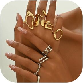 Gold Knuckle Rings Set for Women 14K Gold Plated Dainty Stackable Joint Finger Midi Rings Pack Adjustable Dome Twist Hollow Chunky Ring Statement Jewelry Mixed Size