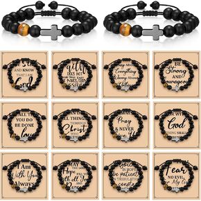 Cunnoo 12 Set Christian Graduation Gifts Bulk Cross Bracelets for Women Men Includes 12 Religious Natural Beaded Bracelet 12 Inspirational Cards 12 Envelopes Religious Faith Gift(Chic Style,Black)