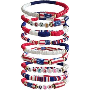 4th of July Bracelets Accessories-American Flag Friendship Love Bracelets, Red White Blue, 9 Piece Set, Patriotic USA Jewelry for Men Women