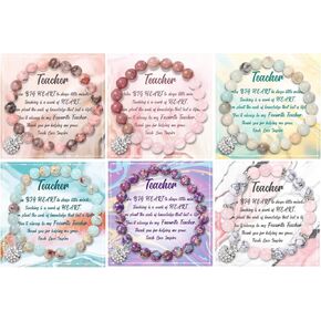 Blosssound 6 Pcs Teacher Appreciation Gifts for Women, Natural Stone Teacher Bracelet Apple Pendant with Message Card for End of Year Gifts Thank You Gift