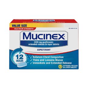 Chest Congestion, Mucinex Maximum Strength 12 Hour Extended Release Tablets, 42ct, 1200 mg Guaifenesin with extended relief of chest congestion caused by excess mucus, thins and loosens mucus