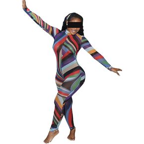 Women's Sexy Bemsuit شبكة طويلة الأكمام شاهد من خلال مجموعة BodyCon One Piece Color Block Y2K Party Club