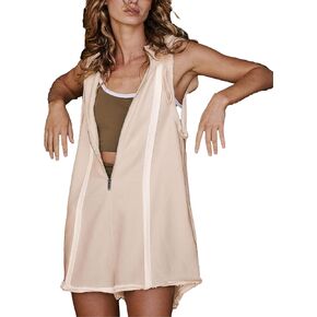 Summer Rompers for Women Sleeveless Short Half Zip Up Hooded Athletic Romper Jumpsuit Overalls with Pockets