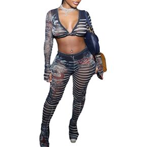 THLAI Women's Two Piece Sexy Lace Sets Long Sleeved Short Top Slim Pants See Through Print Outfits Clubwear
