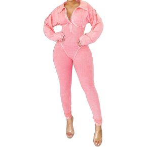 NRTHYE Women's Sexy One Piece Jumpsuit V-Neck Long Sleeve Casual Washed Ribbed Bodycon Corset Romper Club Outfits