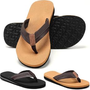 2 Pairs Men's Flip Flops Soft Cushion Footbed with Arch Support Leather Thong Sandals Beach Non Slip Slippers