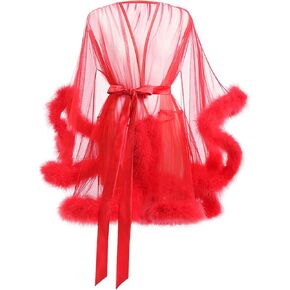 Women's Tulle Feather Robe Red Long Bridal Robes Sexy Tulle Lingerie Maternity Bathrobe Photoshoot Illusion Wedding Party Nightgown Sexy Sheer Mesh Fur Bridal Illusion Boudoir Christmas Lingeries
