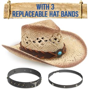 Funcredible Straw Cowboy Hat for Women - Straw Cowgirl Hat - Vintage Cowboy Hat with 3 Replaceable Hat Bands