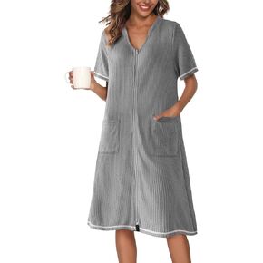 Ekouaer Women Zipper Retsles Waffle Short Sleeve Lightweight Housecoat Lenee Lene Rathbe Dressle مع جيوب S-3XL