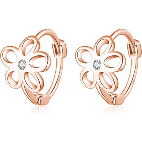 Reffeer Solid 925 Sterling Silver Flower Hoop Earrings Huggie for Women Teens CZ Flower Hoop Earrings Spring