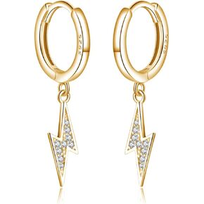 Reffeer Solid 925 Sterling Silver Lightning Bolt Drop Hoop Earrings for Women Teens CZ Lightning Bolt Hoop Earrings Huggie
