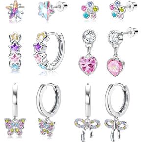 Hypoallergenic Screw Back Earrings for Girls - 316L Surgical Steel Stud Huggie Hoop Earrings for Sensitive Ears Cute Heart Butterfly Dangle Earrings Set for Women Multicolored 20G