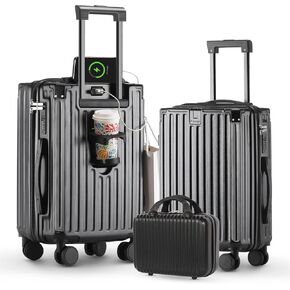 (14+20+24)Inch Carry on Luggage Carry-on with Cup Holder & USB Port, Luggage with Airline Approved TSA Lock, Softside Lightweight carry on luggage 22x14x9 airline approved 360° Double Spinner 8 Wheels