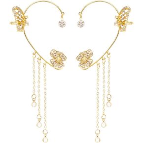 Heliltd 2Pcs Gold Butterfly Ear Cuffs Non Piercing Butterfly Clip on Ear Cuffs Rhinestone Butterfly Ear Wrap Butterfly Tassel Ear Cuff for Women for Wedding Birthday Party