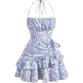 WDIRARA Women's Floral Sleeveless Halter Dress Backless Layered Ruffle Short Dress