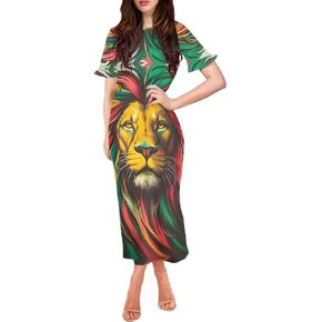 Jamaican Style Print Summer Dresses for Women Dress Rasta Lion Patterns Short Sleeve Ruffles Womens Dresses