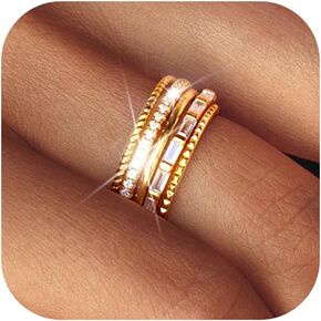 Florideco 14K Gold Filled Thin Stackable Rings for Women,Minimalist Non Tarnish Cubic Zirconia Band Rings,Dainty Trendy Statement Stacking Rings Set Size 6-10