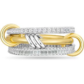 14K Gold Plated Stackable Rings,3 CZ Cubic Zirconia Ring Set,Silver & Gold Stacking Rings, Multi-Link Connected,Statement Interlocking Band for Women, Hypoallergenic, Non Tarnish wedding ring