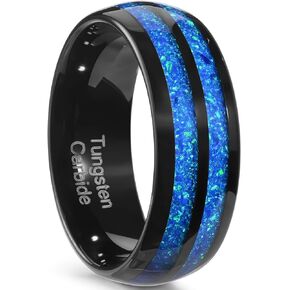 8MM tungsten steel men's ring, black shiny, inlaid with blue opal, comfortable, wedding commitment ring, size 7-14, comes with a beautiful gift box