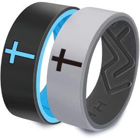 XAHH 2PCS Silicone Ring Set for Men Women,Classical Simple Christian Cross Religious Couple Rubber Wedding Bands,Black Grey,Pink Purple
