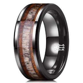 THREE KEYS JEWELRY 6,8mm Black/White Ceramic Wedding Ring with Real Koa Wood Inlay Flat Top Wedding Band Engagement Ring Comfort Fit Size 4-16
