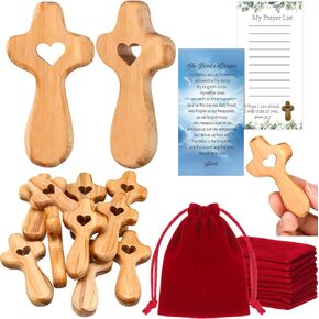 Bucherry 10 Set Olive Wood Cross My Heart Small Pocket Crosses with Cotton Linen Bags and Prayer Cards 2.5 Inch Caring Jesus Holding Hand Crosses Bulk for Baptism First Communion Gifts