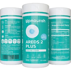 UpNourish AREDS 2+ - مكمل فيتامين العين المتقدم لصحة البقعة الصفراء وجفاف العين - اللوتين، زياكسانثين، الزعفران، أستازانتين وDHA - يدعم إجهاد العين، الضغط، الرؤية الليلية - 120 كبسولة هلامية