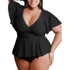 Womens Plus Size Tankini Tops Built in Padded Push Up Bathing Suit V Neck Ruffle Sleeves Bikini Top Only