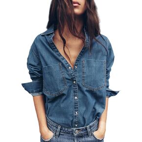 LifeShe Women V Neck Denim Shacket Button Down Jeans Shirts Oversize Jacket Shirt with Pockets