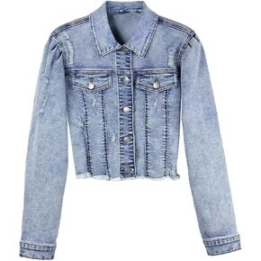 Women's Crop Denim Jacket Casual Long Sleeve Ripped Frayed Hem Jean Jackets