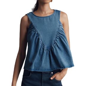 Womens Peplum Babydoll Denim Tops Casual Summer Sleeveless Flowy Jean Tops Loose Shirred Swing Tank Tops