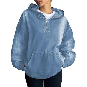 Women's Half Zip Denim Hoodie Pullover Sweatshirt Jean Jacket with Pocket