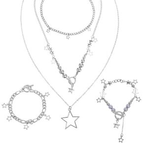 Lusofie 3 Pcs Layered Necklace Silver Star Necklace Y2k Necklace 2 Pcs Y2k Bracelets Gothic Jewelry Y2k Jewelry Set Layered Silver Necklaces for Women