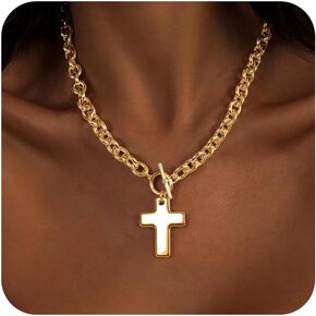 Chunky Gold Necklace for Women 14K Gold Plated Chunky Cross Pendant Necklaces for Women Big Cross Chain Link Choker Charm Necklace Trendy Jewelry