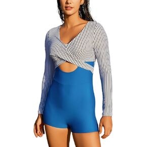 NESY Long Sleeve Swimsuits for Women Rash Guard Bathing Suit Cutout One Piece Swimsuit Boyshort Tummy Control Swimwear