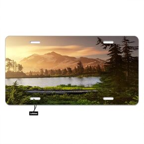 Lake Mountain Sunrise Front License Plate Summer Summer Hill Forest Path Wooden Tree Nature Plats Danity Tag Aluminium Novelty for Men Woman 6 × 12 Inch ، 4 ثقوب