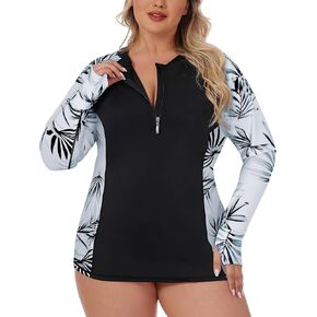 LURANEE Womens Plus Size Long Sleeve Rash Guard Top Zipper Swimsuit Swim Shirt with Thumb Holes