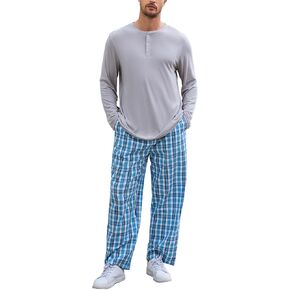 Vulcanodon Mens Pajama Set Long Sleeve, Pajamas Made from Bamboo Pulp Viscose and Cotton Lightweight PJS for Men