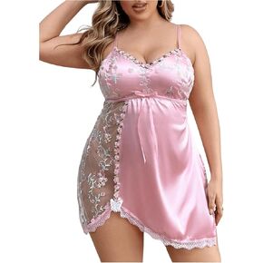 Women's Plus Size Mesh Embroidery Lace Slit Sheer Satin Babydoll Dress Cut Out Lingerie Dress with Thongs Pink 2XL