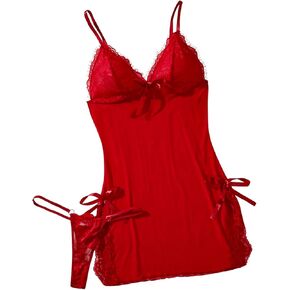 SHENHE Women's 2 Piece Lace Lingerie Mesh Sheer Babydoll Lingerie Slip Dress Nightgown and Thong