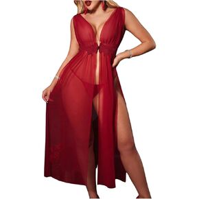 OYOANGLE Women's 2 Piece Lingerie Set Lace Sheer Long Babydoll Chemise Nightgown with Thongs Sleepwear