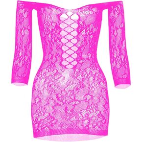 Women's Mini Fishnet Lingerie Dress Sexy Off The Shoulder Sleepwear Chemise Stretchy Bodysuit,One Size
