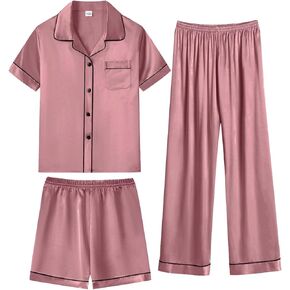 SWOMOG Kids Satin Pajamas Set 3 PCS Girls Boys Silk Sleepwear Short Sleeve Nightwear Long Pant Pjs Loungewear