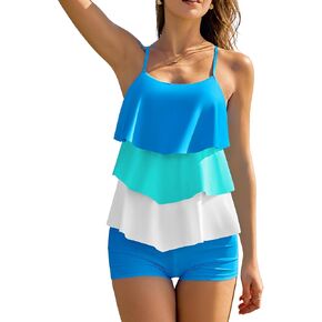 ZAFUL Women's Tankini Swimsuits Tummy Control Two Piece Bathing Suit Ruffled Flounce Swimwear with Shorts