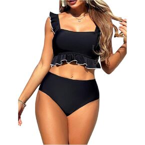 SOLY HUX Women's Tankini Swimsuits Ruffle Square Neck Tops and High Waisted Swim Bottoms Two Piece Bathing Suit