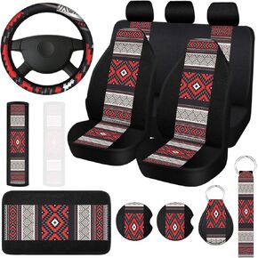 15 Pcs Aztec Car Seat Covers Western Native Steering Wheel Cover Vintage Shoulder Pads Armrest Pad Keychain Wrist Strap Coasters for Vehicle SUV Truck Protector