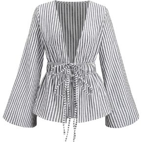 SHENHE Women's Striped Tie Front Bell Sleeve Blouse Deep V Neck Elegant Peplum Top Shirt
