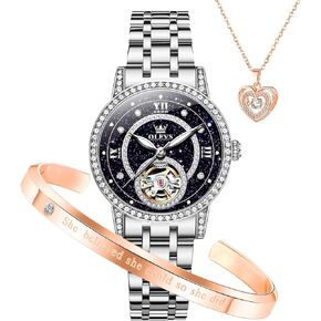OLEVS Automatic Womens Watches Mechanical Diamond Skeleton Luxury Dress Stainless Steel Silver/Rose Gold Waterproof Luminous Ladies Wrist Watches Gift Set