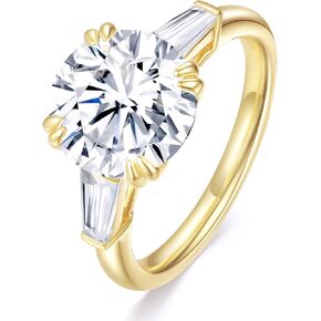 4.5CT Moissanite 3 Stone Engagement Ring for Women D Color VVS1 Clarity Round Tapered Baguette Cut Wedding Ring 9K Gold Plated S925 Sterling Silver Genuine Moissanite Promise Ring for Her Size 4-9