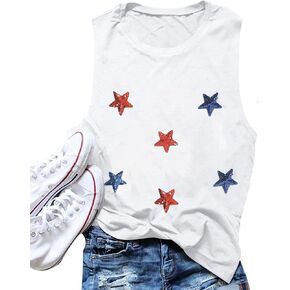 Women's Patriotic Sequin Star Tank Top American Flag Sleeveless Shirt 4th of July Summer Casual Tops
